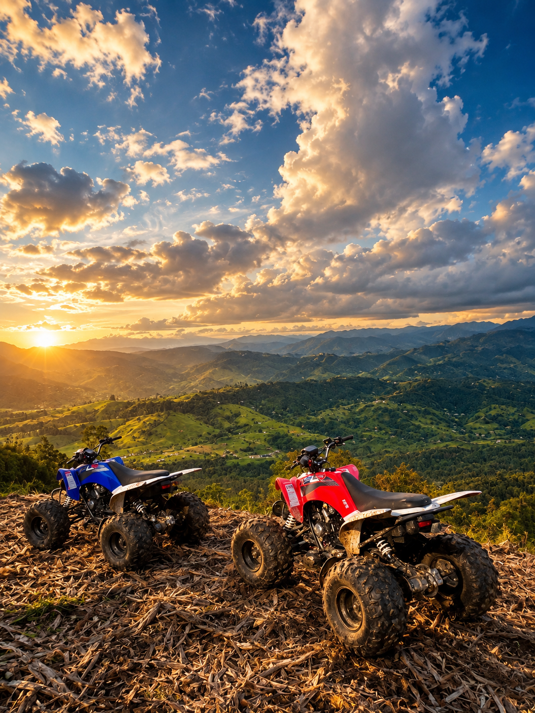 Cuatrimotos en una cresta mirando el valle del Eje Cafetero al amanecer