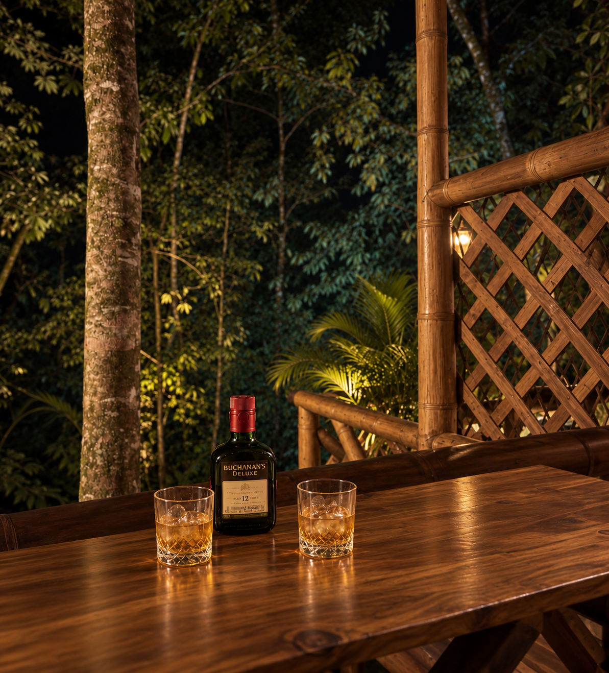 Mesa de madera de Ananda Luxury de noche con whisky y copas iluminadas entre el bosque