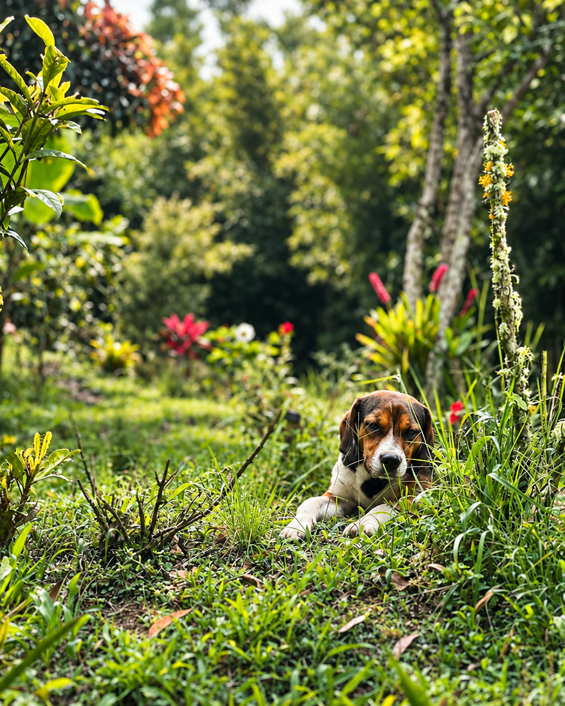 Perro descansando entre la vegetación del jardín del bosque del Eje Cafetero
