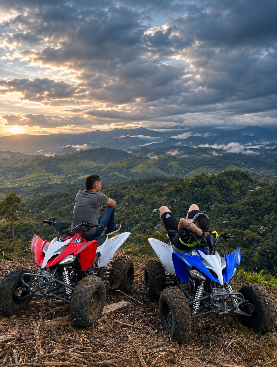 Recorrido en cuatrimoto con vista al valle del Eje Cafetero al atardecer