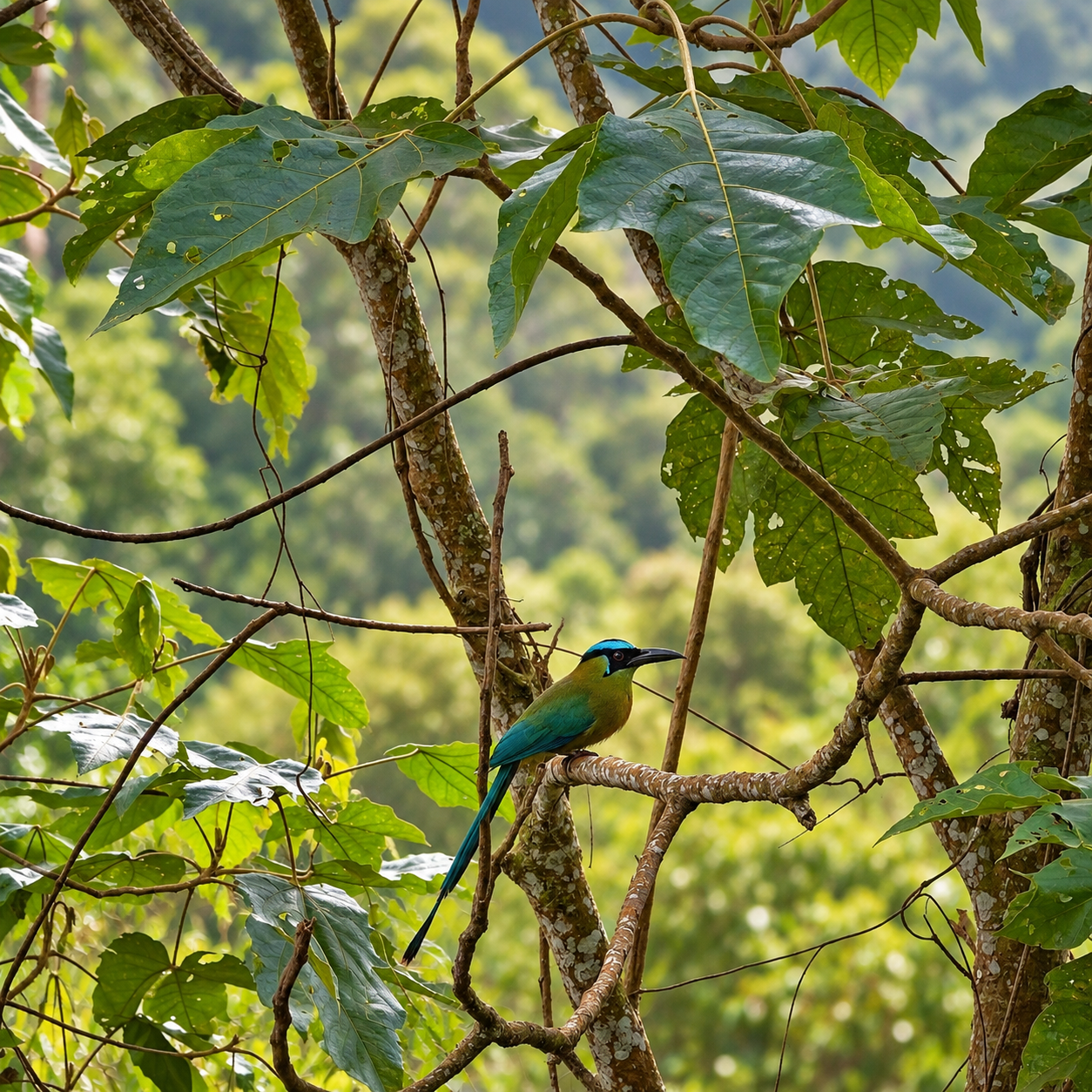 Pájaro barranquero (Motmot) posado sobre una rama en el bosque del Eje Cafetero