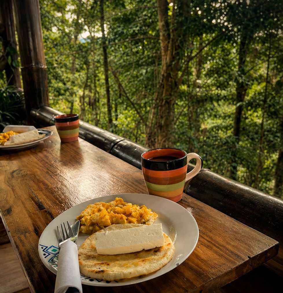 Desayuno servido en la terraza de Ananda Luxury con vista al bosque