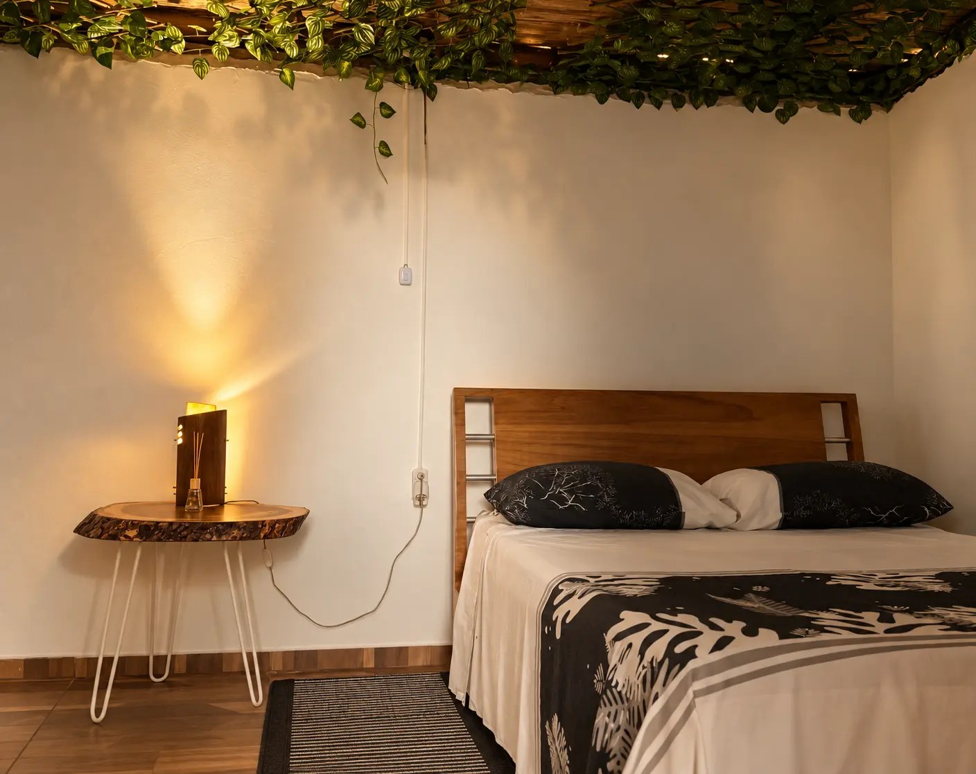 Interior de Magic con cama queen y decoración botánica