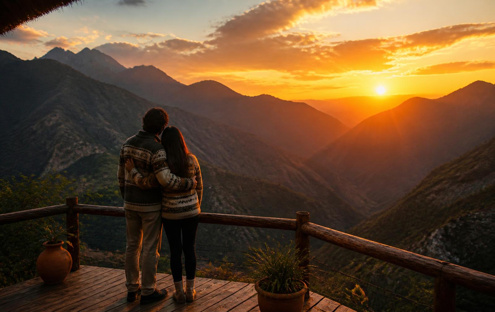 Pareja frente al atardecer en la montaña